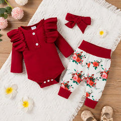 Baby Girl 3pcs Ribbed Rose Floral Print Long Sleeve Romper Set - Purple, 2-3 Years