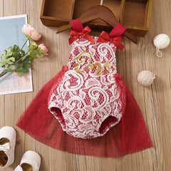 Baby Pink Floral Lace and Mesh Splicing Sleeveless Letter Romper Party Dress - Pink, 3-6 Months