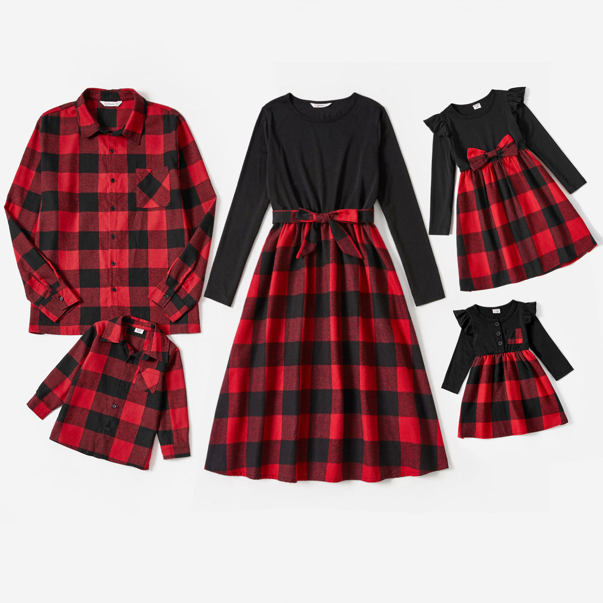 Family Matching Red Plaid Shirts and Black Long-Sleeve Splicing Red Plaid Dresses Sets - Black, 4-5 Years