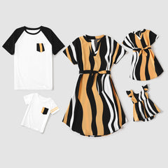 Family Matching Striped V Neck Short-sleeve Belted Dresses and Raglan-sleeve T-shirts Sets - Black / Men: M