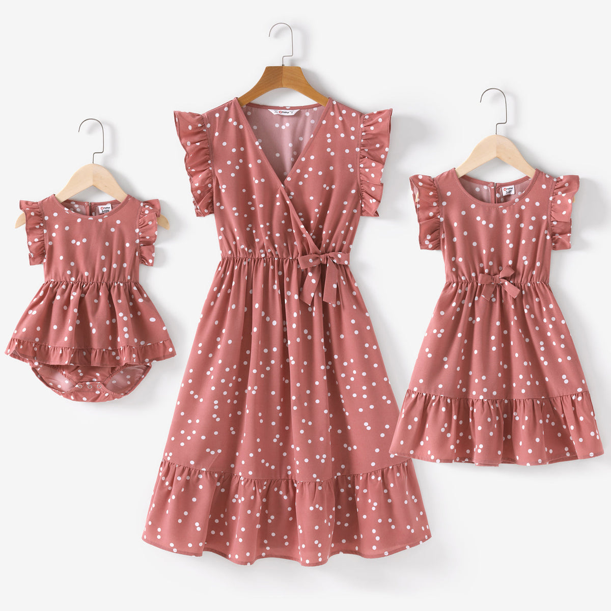 All Over Dots Pink Cross Wrap V Neck Ruffle Flutter-sleeve Dress for Mom and Me - Pink, M