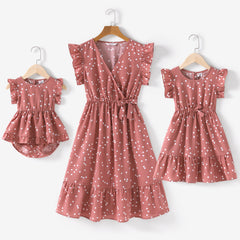 All Over Dots Pink Cross Wrap V Neck Ruffle Flutter-sleeve Dress for Mom and Me - Pink, M