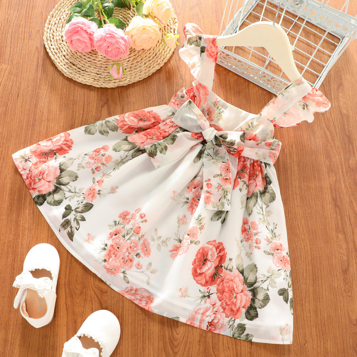 Toddler Girl Floral Print Square Neck Ruffled Bowknot Design Sleeveless Strap Dress - Pink, 4-5 Years