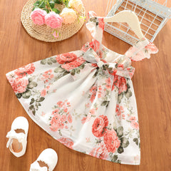 Toddler Girl Floral Print Square Neck Ruffled Bowknot Design Sleeveless Strap Dress - Pink, 4-5 Years