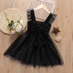 Toddler Girl Polka dots Square Neck Bowknot Mesh Design Cami Dress - Black, 18-24 Months