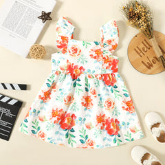 Toddler Girl Floral Print/Coral Red Square Neck Button Design Flutter-sleeve Dress - White, 4-5 Years