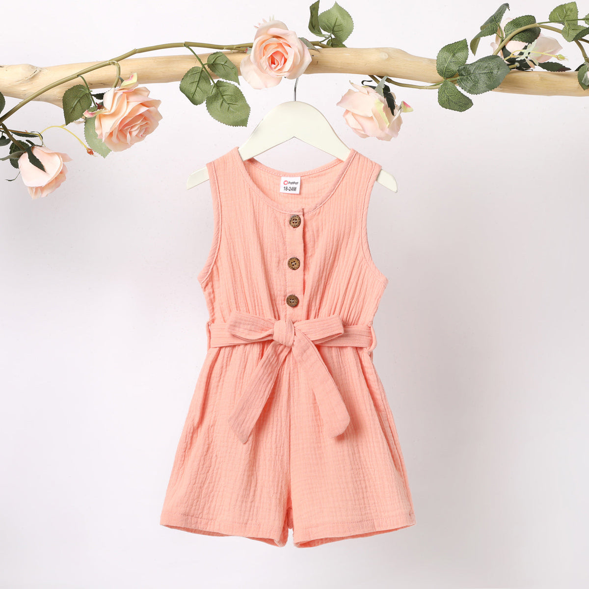 Toddler Girl 100% Cotton Solid Color Button Design Sleeveless Belted Romper Jumpsuit Shorts - Pink, 3-4 Years