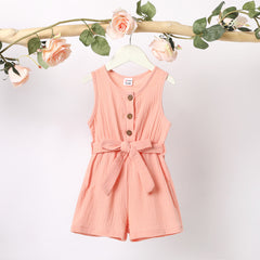 Toddler Girl 100% Cotton Solid Color Button Design Sleeveless Belted Romper Jumpsuit Shorts - Pink, 3-4 Years