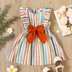 Toddler Girl Stripe Ruffled Bowknot Design Sleeveless Dress - Multi, 5-6 Years