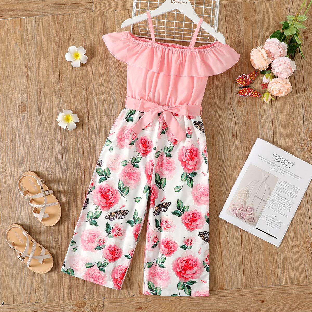 Kid Firl Floral Print Splice Flounce Belted Off Shoulder Cami Jumpsuits - Pink, 4-5 Years