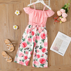 Kid Firl Floral Print Splice Flounce Belted Off Shoulder Cami Jumpsuits - Pink, 4-5 Years