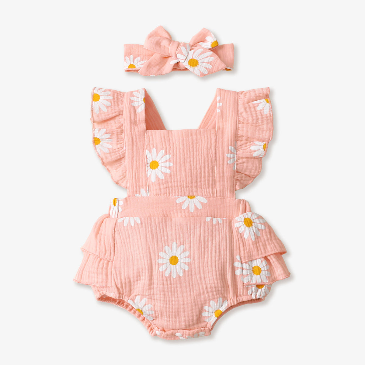 100% Cotton 2pcs Daisy Print Crepe Fabric Baby Romper Set - Pink, 6-9 Months