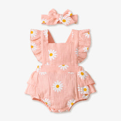 100% Cotton 2pcs Daisy Print Crepe Fabric Baby Romper Set - Pink, 6-9 Months
