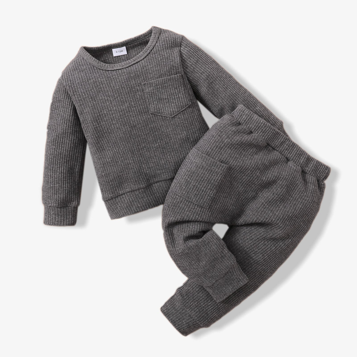 Baby 2pcs Cotton Waffle Solid Long-sleeve Pullover Set - Dark Grey, 3-6 Months