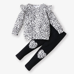 2-piece Toddler Girl Floral Print Ruffled Long-sleeve Peplum Top and Heart Pattern Pants Set - 18-24 Months / Burgundy