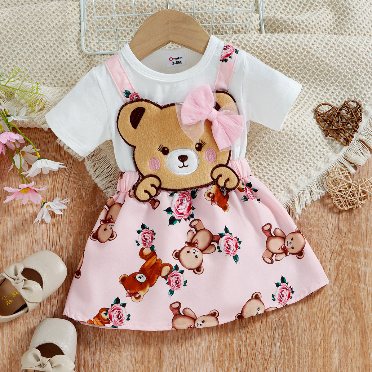 Baby Girl 100% Cotton Short-sleeve Cartoon Bear Faux-two Suspender Dress - Pink, 3 Years