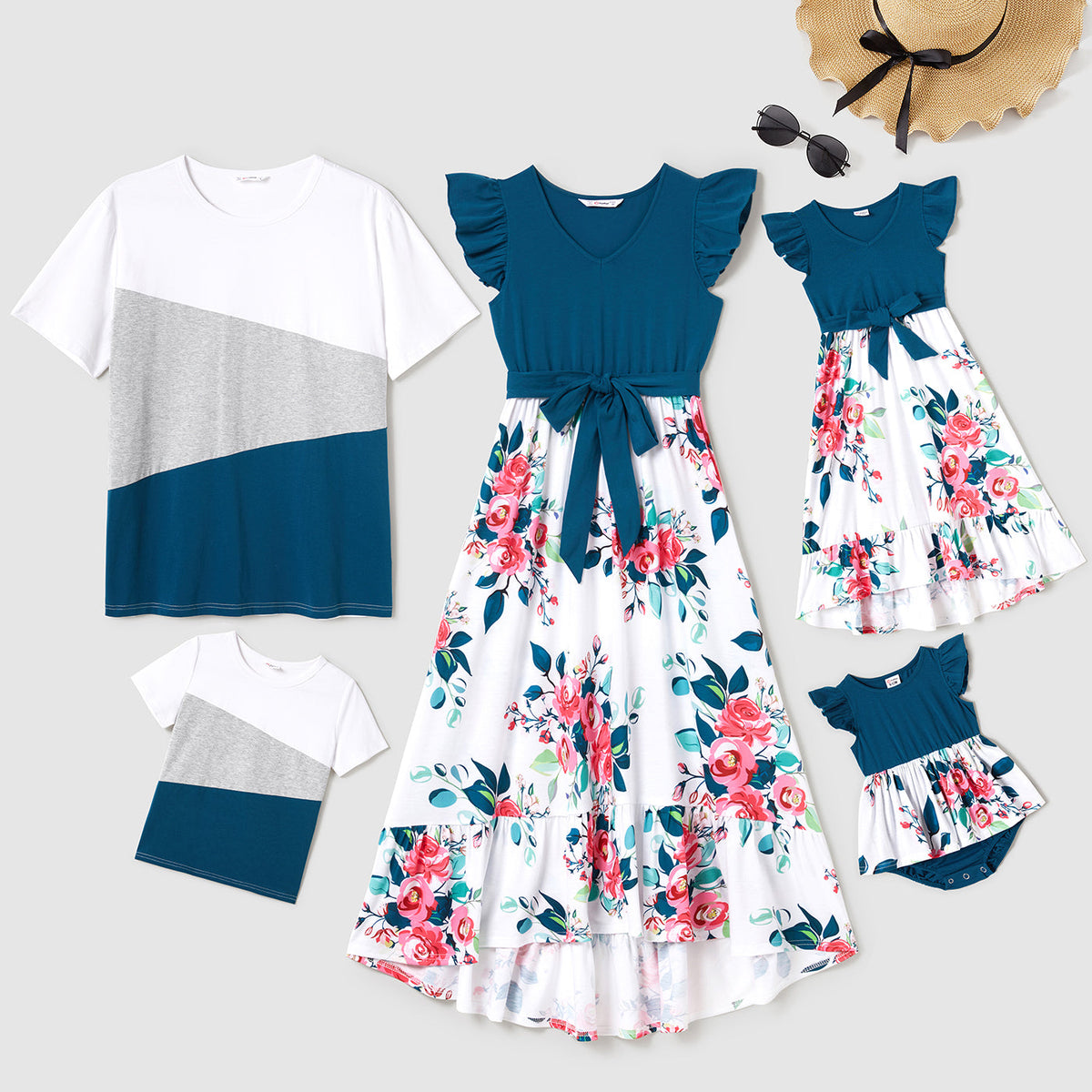 Family Matching Solid V Neck Flutter-sleeve Splicing Floral Print Dresses and Short-sleeve Colorblock T-shirts Sets - Azure, M