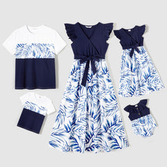 Family Matching Allover Palm Leaf Print & Solid Spliced Surplice Neck Flutter-sleeve Dresses and Colorblock Short-sleeve T-shirts Sets - Azure, M