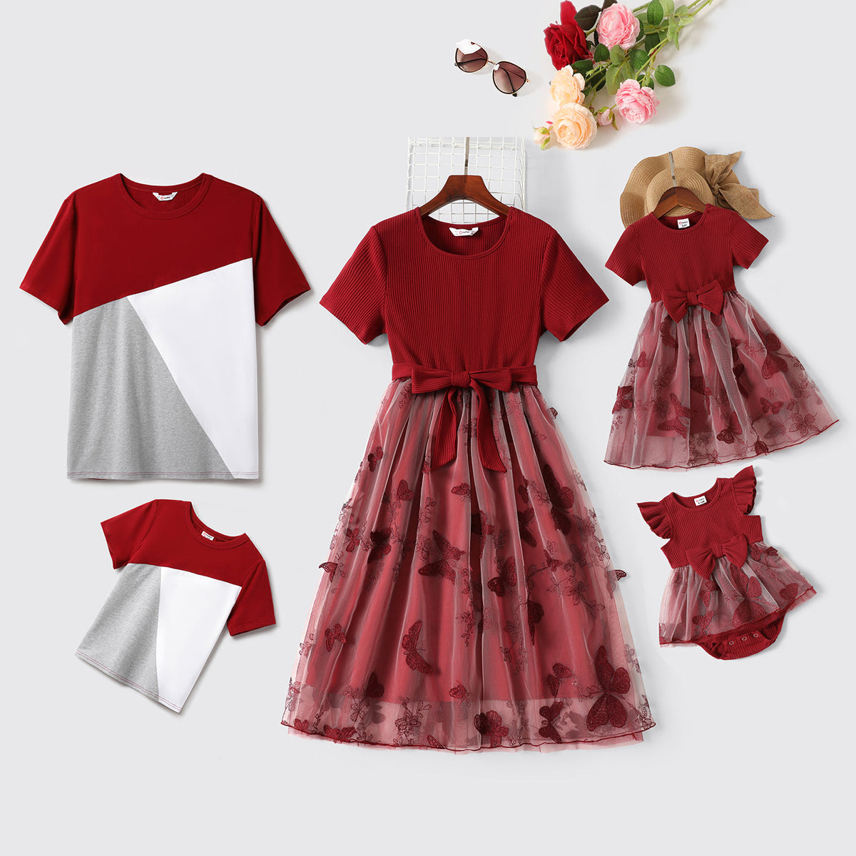 Family Matching 95% Cotton Short-sleeve Colorblock T-shirts and Rib Knit Spliced Butterfly Embroidered Mesh Dresses Sets - Orange Red / Men: XL