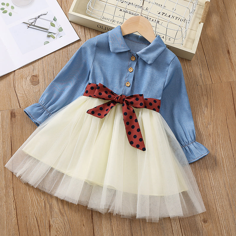 Toddler Girl Sweet Denim Mesh Splice Belted Long-sleeve Dress - DENIMBLUE, 18-24 Months