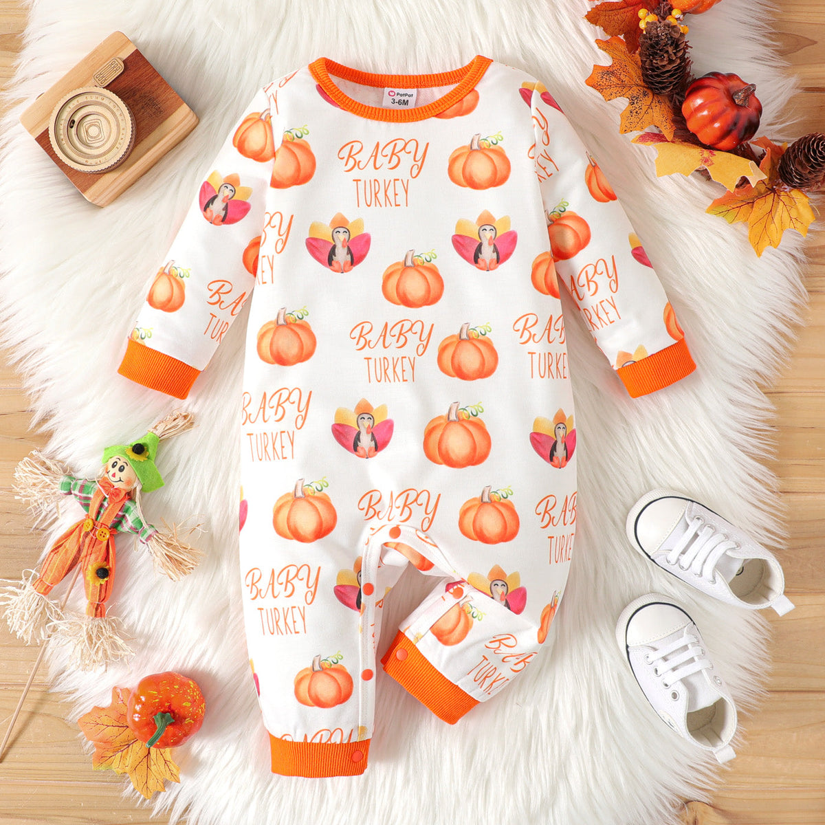 Thanksgiving Day Baby Boy/Girl Allover Pumpkin & Letter Print Long-sleeve Jumpsuit - Orange / 3-6 Months