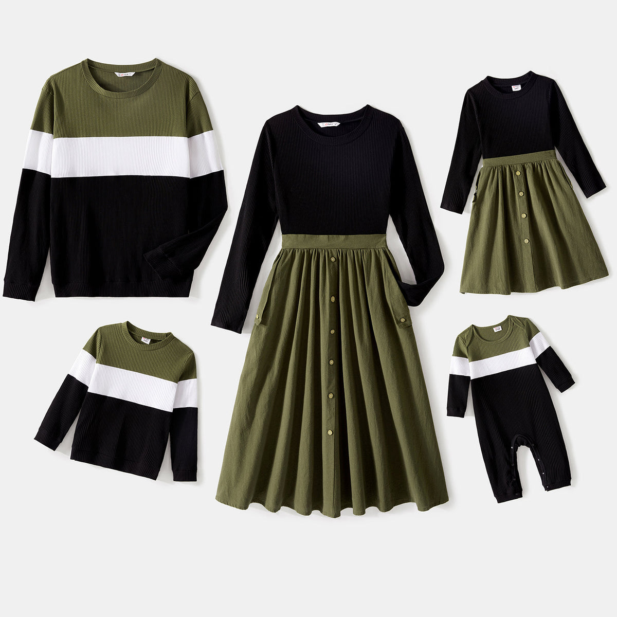 Family Matching Long-sleeve Button Front Solid Spliced Dresses and Colorblock Rib Knit Tops Sets - Multi, 8-9 Years