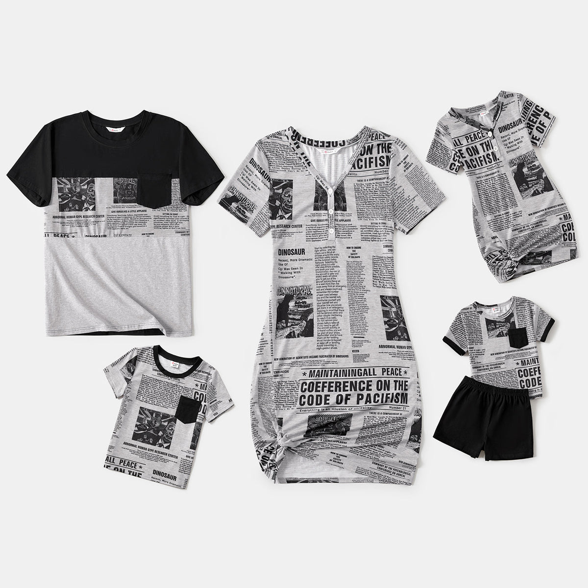Family Matching Newspaper Print V Neck Short-sleeve Twist Knot Bodycon Dresses and T-shirts Sets - Light Grey, S