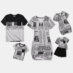 Family Matching Newspaper Print V Neck Short-sleeve Twist Knot Bodycon Dresses and T-shirts Sets - Light Grey, S