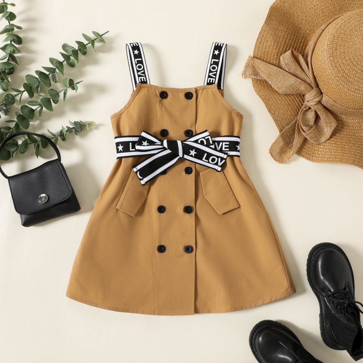 Toddler Girl Double Breasted Belted Letter Design Strap Dress - Peach Puff, 4-5 Years