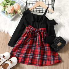 Toddler Girl Elegant Plaid Flounce One Shoulder Long-sleeve Dress - Black, 1-2 Years