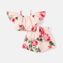 2pcs Baby Girl Allover Floral Print Pink Ruffle Trim Cami Crop Top & Shorts Set - 9-12 Months, Pink