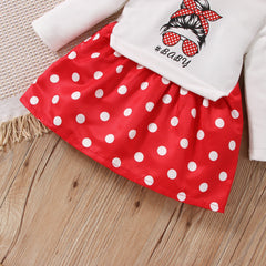 2pcs Baby Girl Polka Dot Print Figure Graphic Long-sleeve Faux-two Dress & Headband Set - 18-24 Months, White