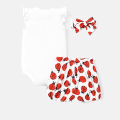 3pcs Baby Girl Cotton Ruffle Short-sleeve Letter Graphic Romper and Ladybird Print Naia™ Belted Shorts & Headband Set - 9-12 Months, White