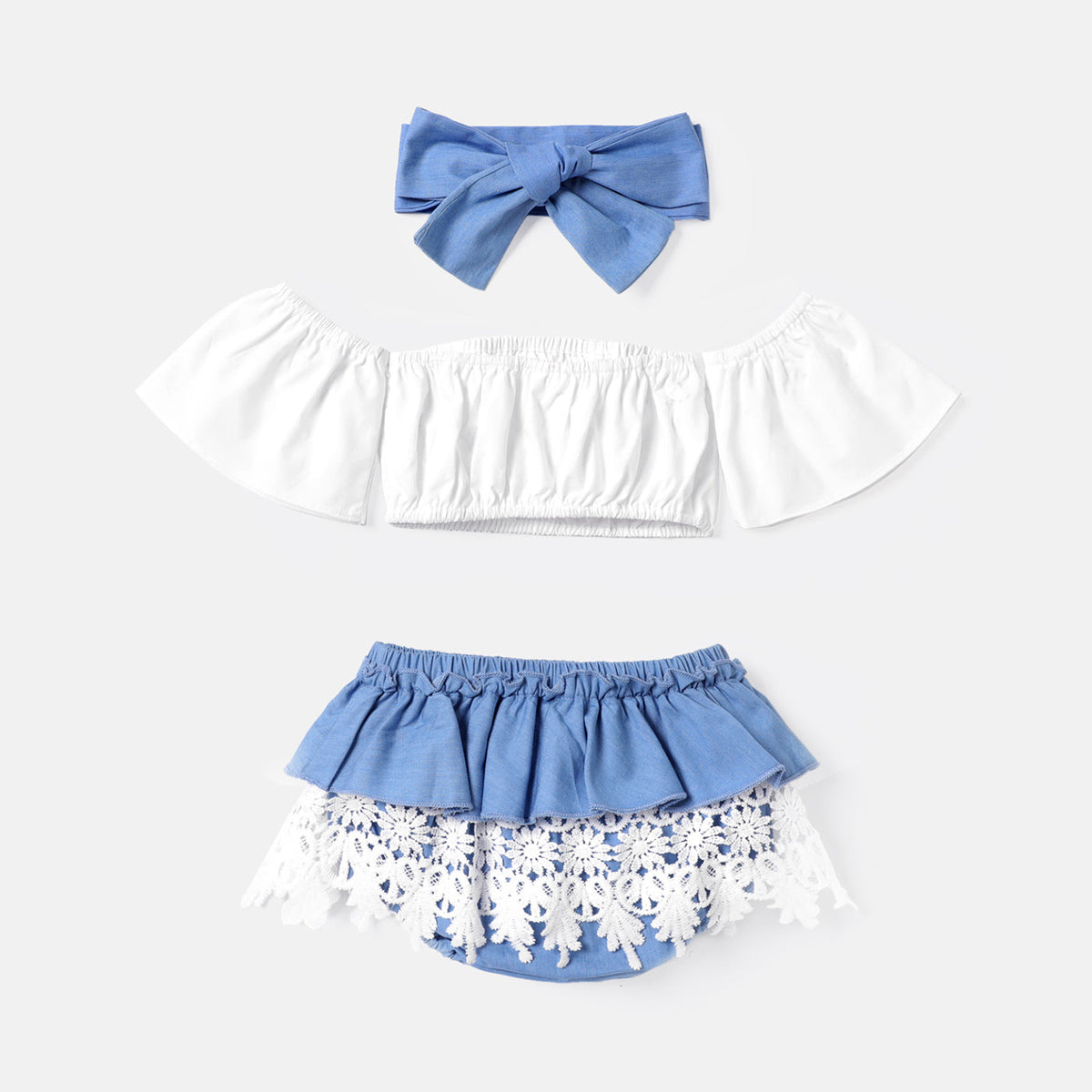 3pcs Baby Girl 100% Cotton Bow Front Off Shoulder Short-sleeve Crop Top and Lace Ruffle Trim Shorts & Headband Set - 18-24 Months, ColorBlock