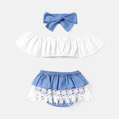3pcs Baby Girl 100% Cotton Bow Front Off Shoulder Short-sleeve Crop Top and Lace Ruffle Trim Shorts & Headband Set - 18-24 Months, ColorBlock