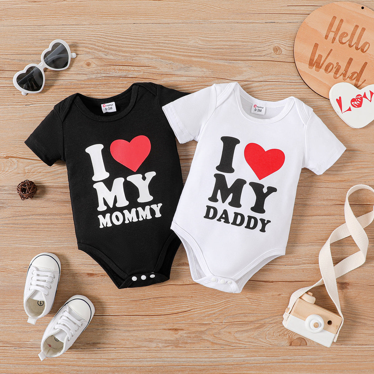 Baby Boy/Girl Heart & Letter Print Short-sleeve Romper - Saddle Brown, 0-3 Months