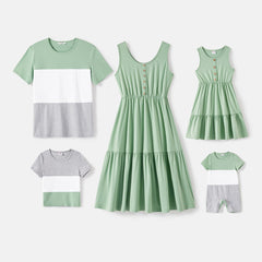 Family Matching Solid Tiered Tank Dresses and Short-sleeve Colorblock T-shirts Sets - Green, 6-7 Years
