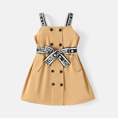 2pcs Toddler Girl 100% Cotton Double Breasted Letter Print Strap Dress and Belt - Beige, 5-6 Years