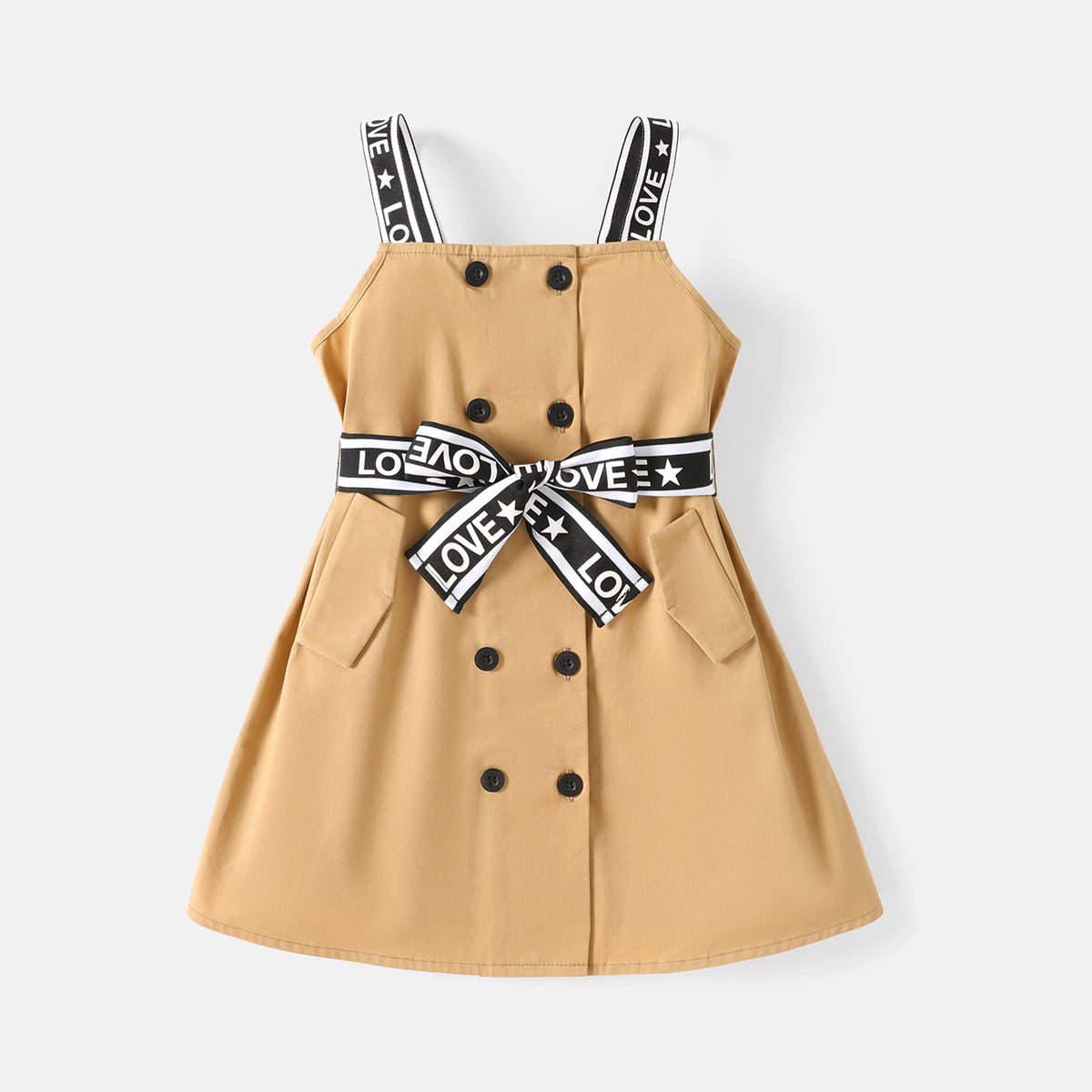 2pcs Toddler Girl 100% Cotton Double Breasted Letter Print Strap Dress and Belt - Beige, 3 Years