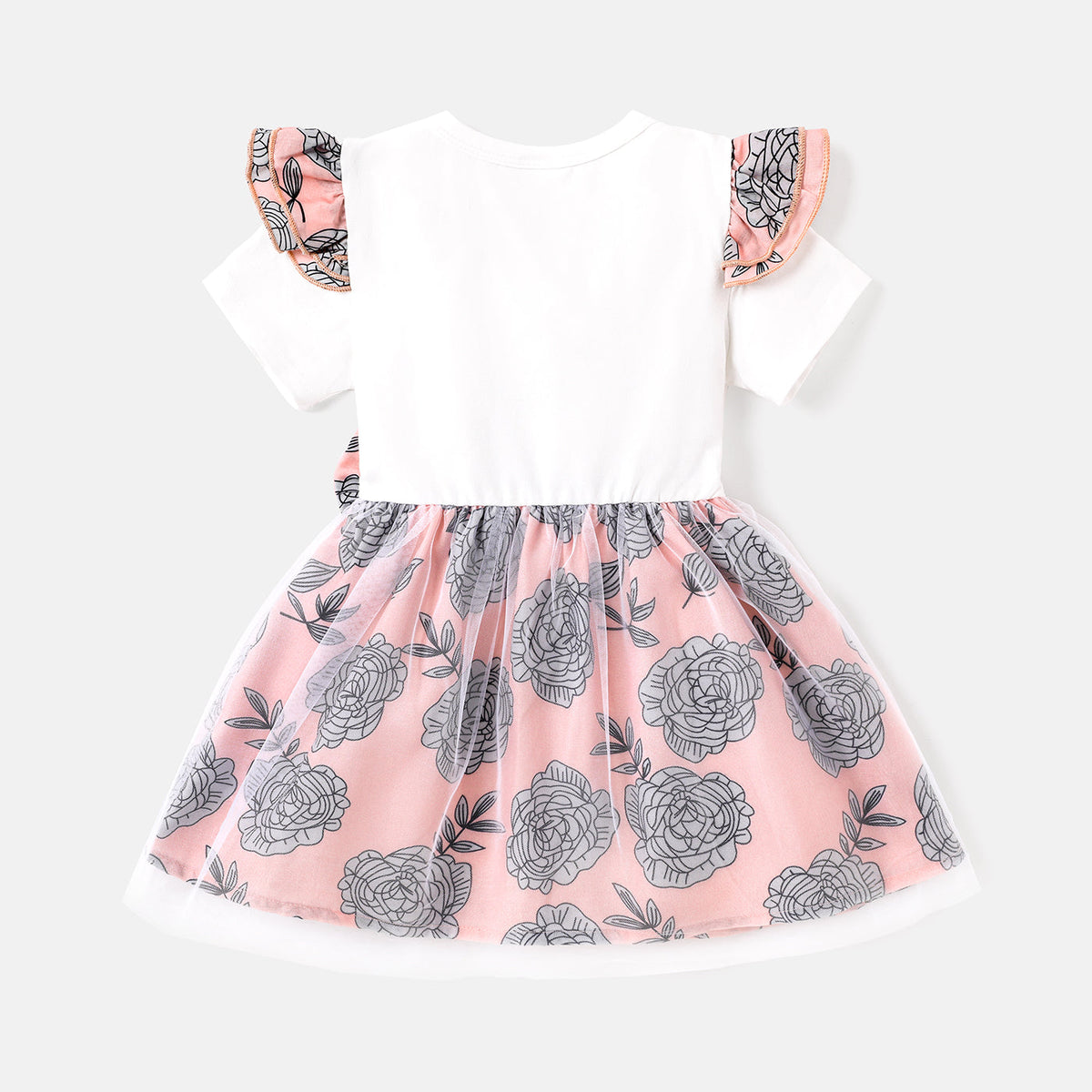 Baby Girl Letter Graphic Cotton Ruffle Short-sleeve Spliced Floral Print Bow Front Mesh Dress - 18-24 Months, PinkyWhite