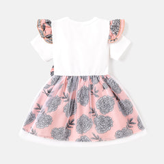 Baby Girl Letter Graphic Cotton Ruffle Short-sleeve Spliced Floral Print Bow Front Mesh Dress - 18-24 Months, PinkyWhite