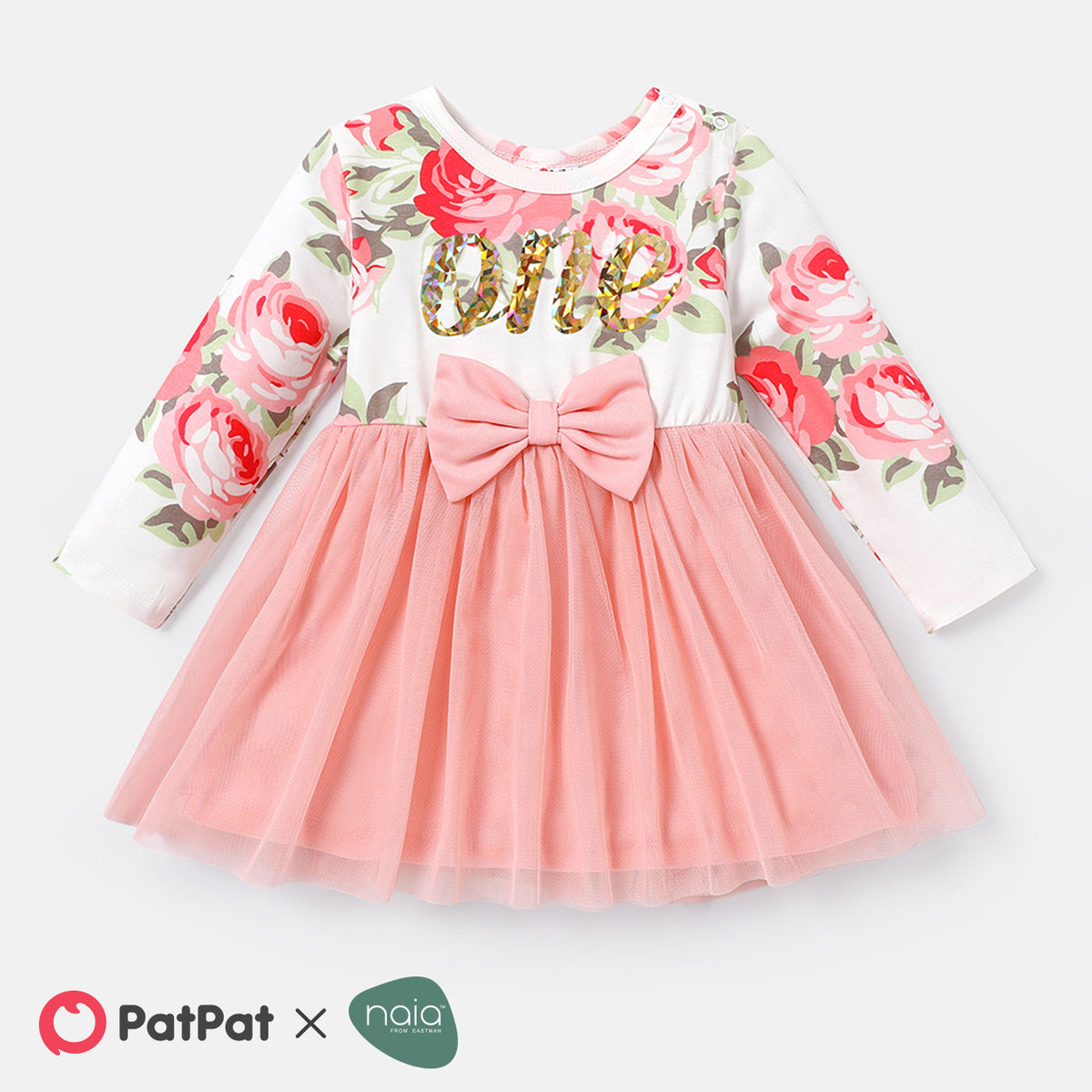 Baby Girl Letter Graphic Floral Print Long-sleeve Bow Front Naia™ Spliced Mesh Dress - Pink, 3-6 Months