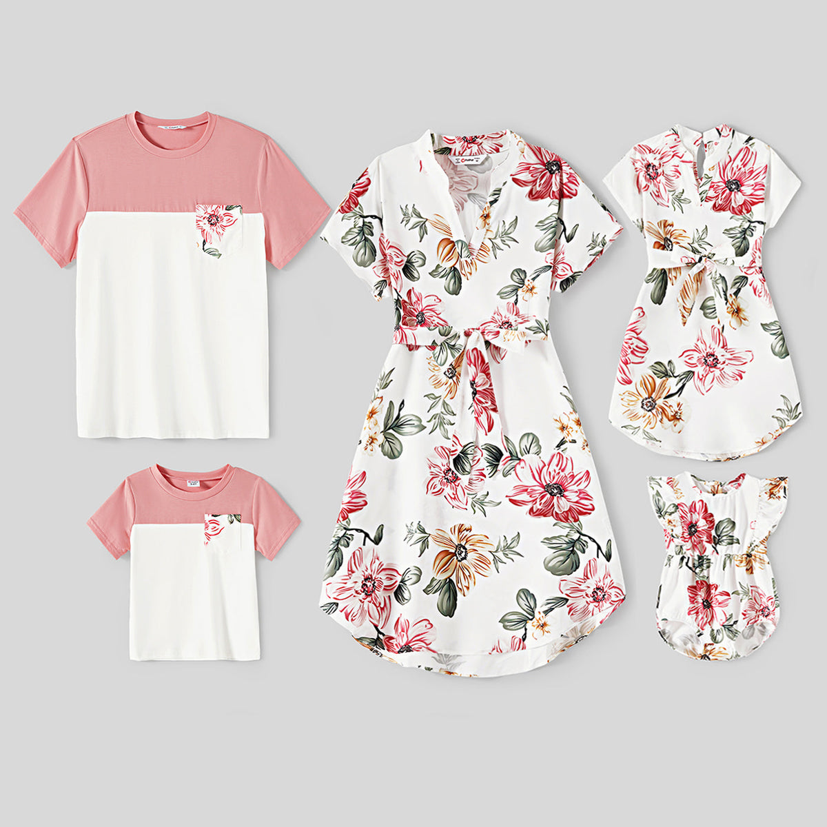 Family Matching Allover Floral Print Notched Neck Belted Dresses and Short-sleeve Colorblock T-shirts Sets - Multi, S