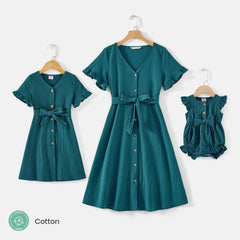 Mommy and Me 100% Cotton Button Front Solid V Neck Ruffle-sleeve Belted Dresses - Steel Blue, 3-4 Years