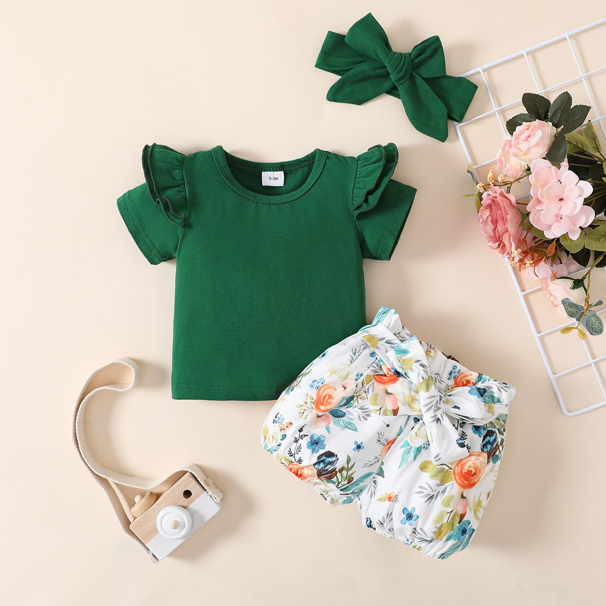 3pcs Baby Girl Solid Cotton Ruffle Short-sleeve Tee and Floral Print Belted Shorts & Headband Set - WineRed, 6-9 Months