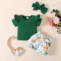 3pcs Baby Girl Solid Cotton Ruffle Short-sleeve Tee and Floral Print Belted Shorts & Headband Set - WineRed, 6-9 Months