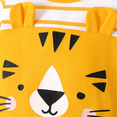 Baby Boy/Girl 95% Cotton Striped Short-sleeve 3D Ears Detail Animal Print Romper - Yellow+White, 3-6 Months