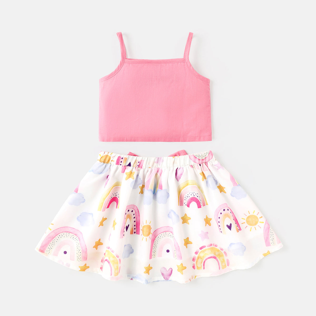 2pcs Baby Girl 100% Cotton Ruffle Trim Cami Top and Allover Print Bow Front Skirt Set - 6-9 Months, ColorBlock