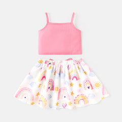 2pcs Baby Girl 100% Cotton Ruffle Trim Cami Top and Allover Print Bow Front Skirt Set - 6-9 Months, ColorBlock