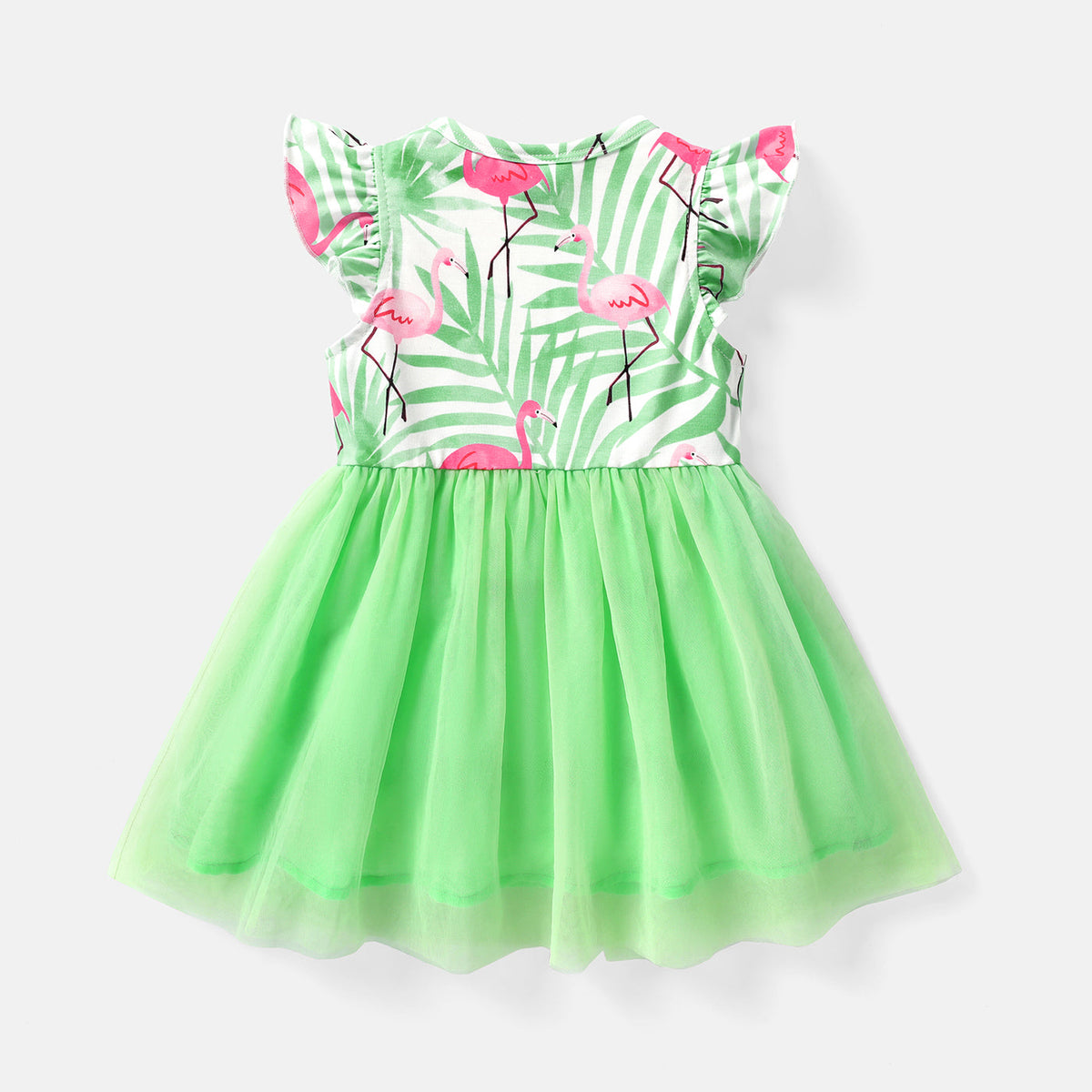 Baby Girl Naia™ Flamingo Print Bow Front Flutter-sleeve Mesh Panel Fairy Dress - 9-12 Months, Light Green